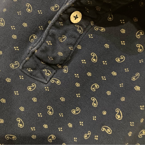 Vintage Washed Cotton Abstract Print Polo T-Shirt Navy Blue Yellow Men’s Size S - Picture 8 of 11